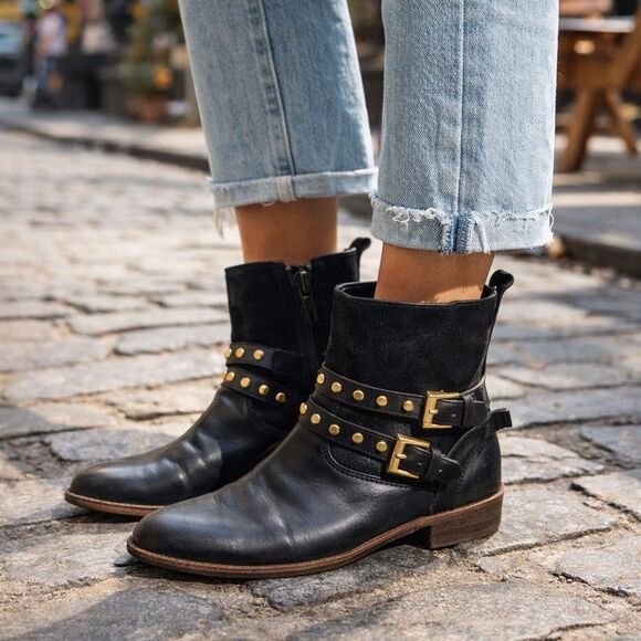 Coach Shoes - Coach New York Studded Harness Moto Ankle Boots Black Leather Size 6B